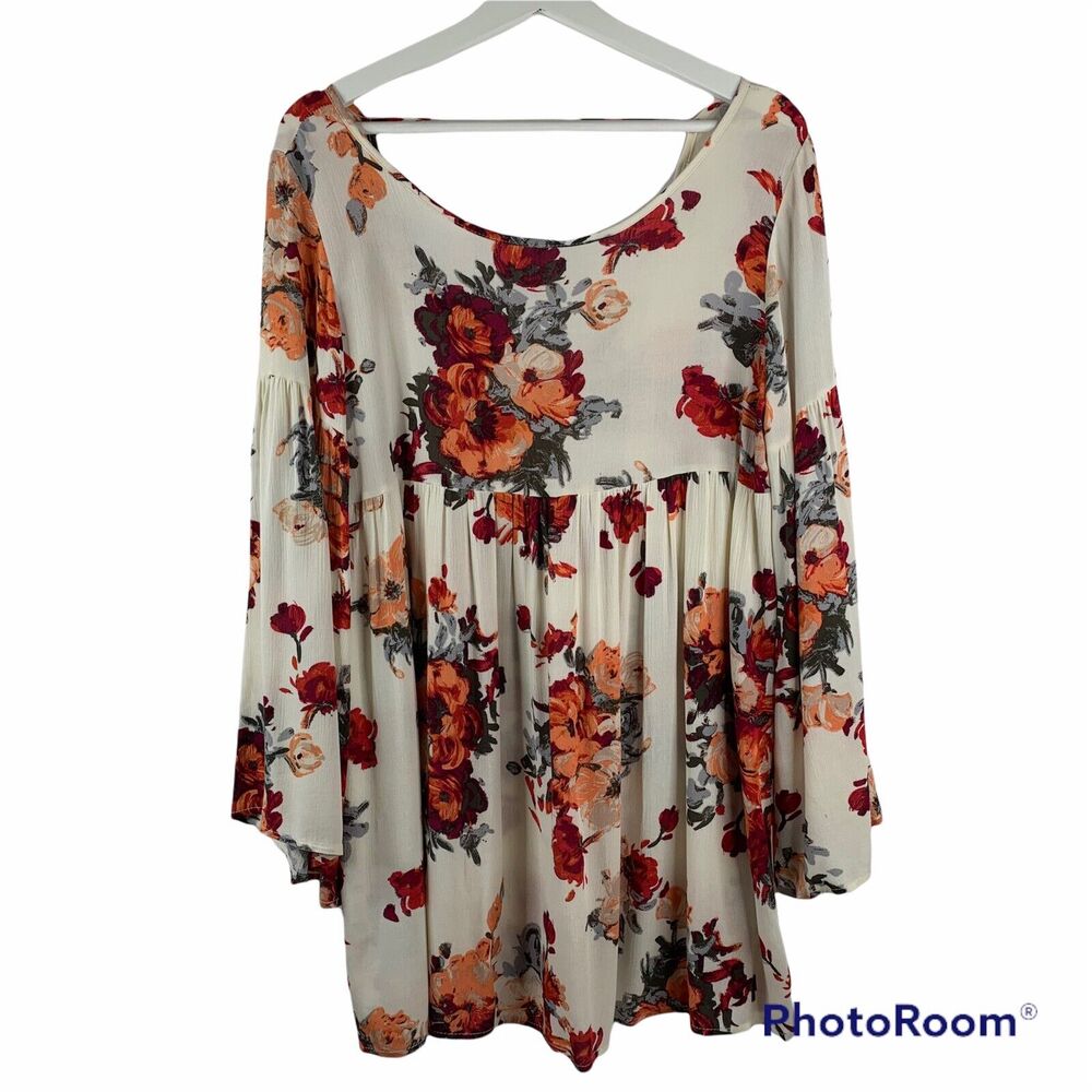 Audrey 3+1 Size S Floral Tunic Dress Long Bell Sleeve Scoop Neck Deep V Back
